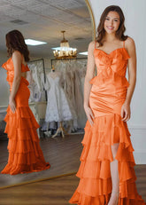 Shine Bright Yellow Flower Ruffle Chiffon Prom Dress with Slit – Unforgettable Prom Nights - Orange - PromDressClub